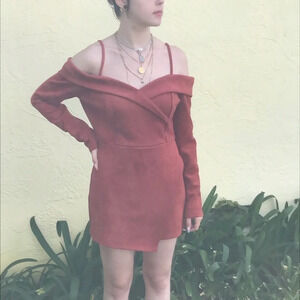 FASHION NOVA faux suede romper long sleeve cold shoulder wrap style NEW size L